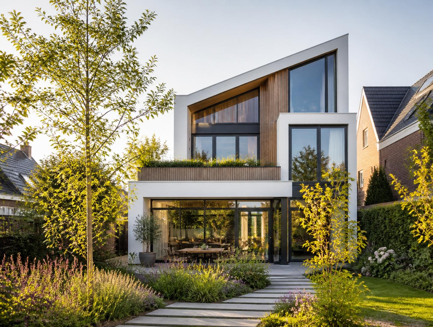 Moderne woning met tuin en grote ramen